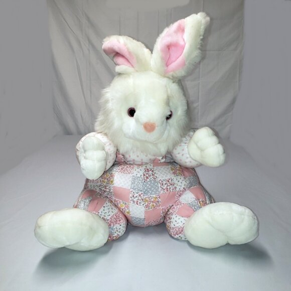 Plush Rabbit - Giant 24-inch White Fluffy Snuggly Pastel Country Patchwork VTG - Picture 2 of 6